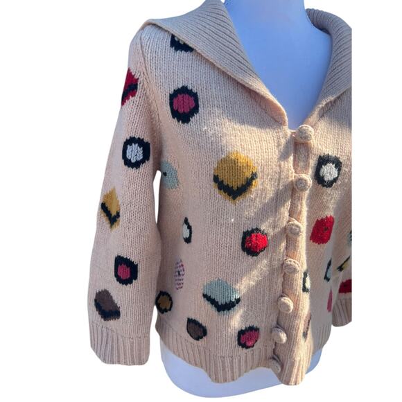 HWR Monogram Anthropologie Chocolate Box Cardigan Knit Beige Wool Blend Sz LARGE - Picture 9 of 10